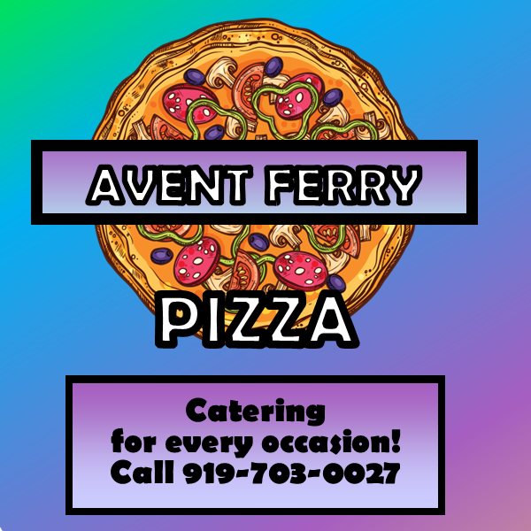 Avent Ferry Pizza Logo with catering message